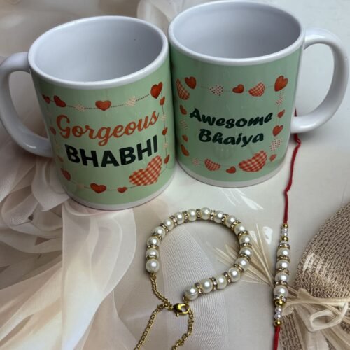 White beads Rakhi and Lumba  with two coffee mug